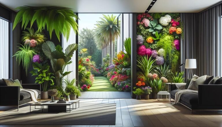 contrasting indoor and outdoor plants